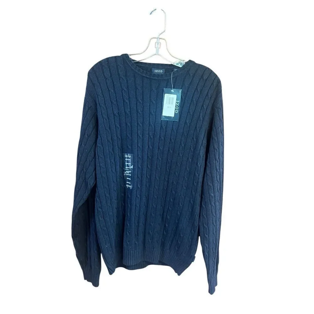 Izod Mens Cable Knit Cotton Sweater Navy Sz M NWT